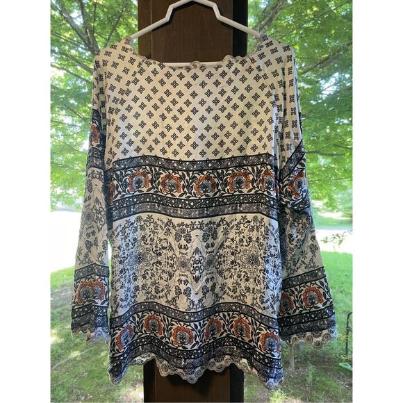 Johnny Was Rio 100% Silk Boho Blouse Top Tunic Embroidered Hems Sz L - Picture 4 of 5